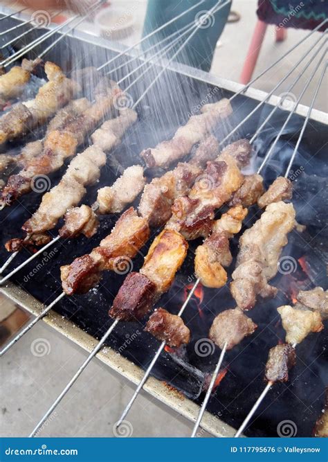 Sprinkle Salt on the Meat Skewers Stock Photo - Image of grilled, bake ...