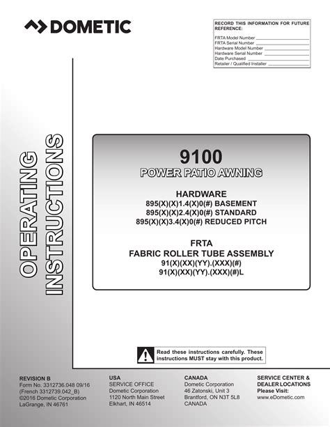 Dometic 9100 Awning Parts Diagram
