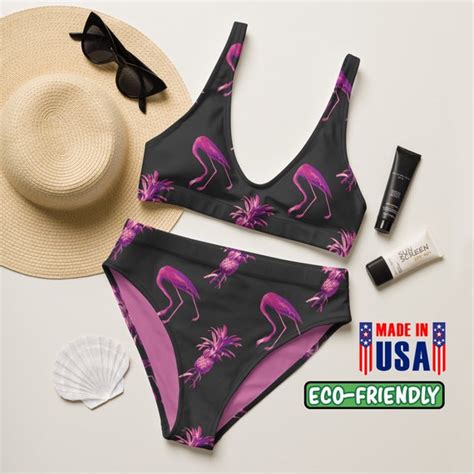 Flamingo High Waisted Bikini Pineapple Bikini Two Piece Etsy