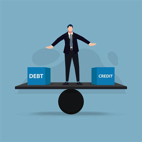 Businessman trying to balance between DEBT and CREDIT design vector