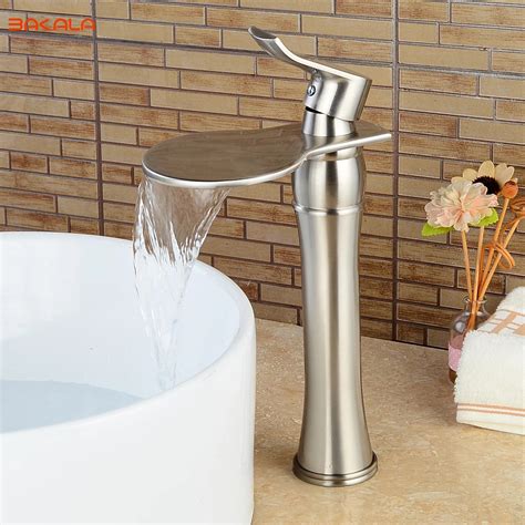 Bakala Deck Mounted Waterfall Bathroom Sink Vessel Faucet Nickel