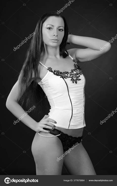 Sexy Brunette Lingerie Black Background Stock Photo By Zhagunov 377675664