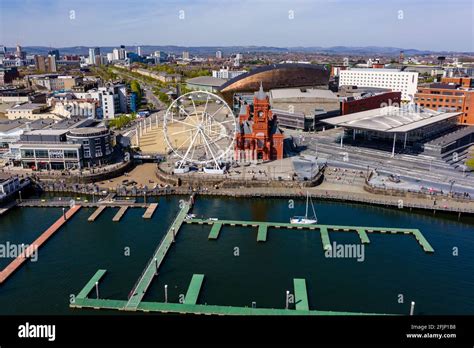 Aerial View Of The Landmarks Of Cardiff Bay Wales Including The Welsh