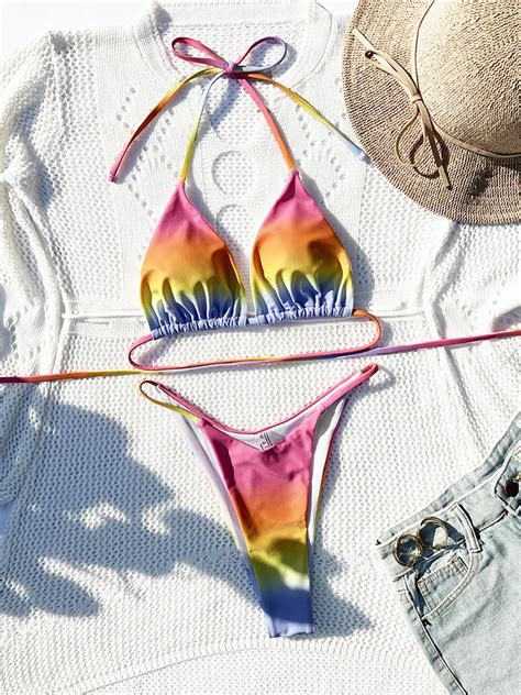 Wrap Around Colorful Halter High Cut Bikini Women Swimwear Female