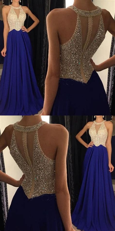 Floor Length Royal Blue A Line Round Neck Chiffon Beaded Long Prom