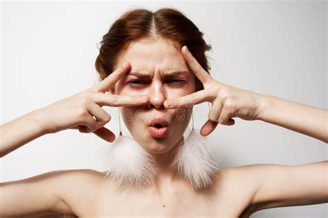 Cheerful Pretty Woman Naked Shoulders Cosmetics Clean Skin Decoration Emotions Stock Photo