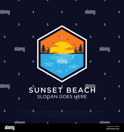 Sunset Beach Logo Design Vector Illustration Hexagon Summer Beach Logo