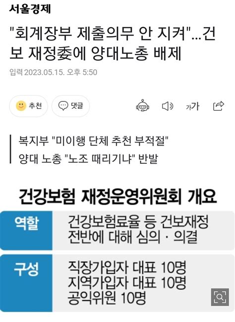 회계장부 제출의무 안 지켜건보 재정委에 양대노총 배제 정치시사 에펨코리아