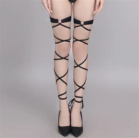 Sexy Women Bandage Shiny HIgh Stockings Lingerie Fishnet Stockings Thigh High Studded Thigh High