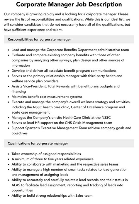 Corporate Manager Job Description Velvet Jobs