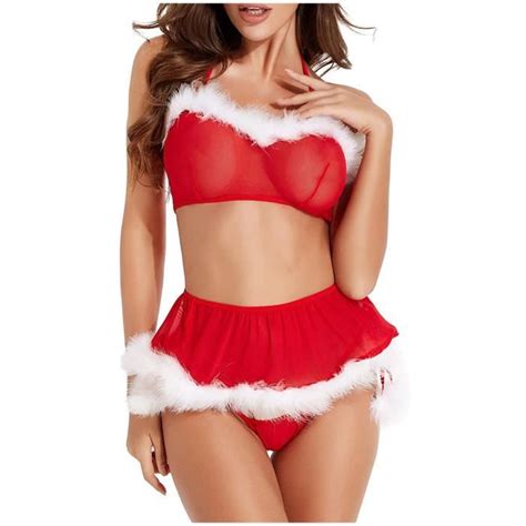 Sasaquoy Coordonnes Ensemble Lingerie sexy trois pièces de Noël transparente à col en V pour