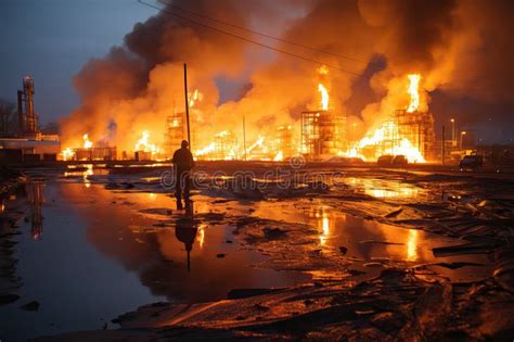 A Fire At An Oil Storage Facility Oil Tanks Are On Fire Stock Image