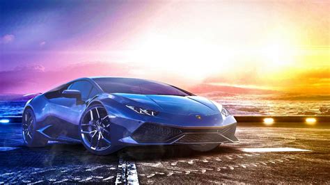 Blue Lamborghini Huracan Parked By The Sea At Sunset Live Wallpaper