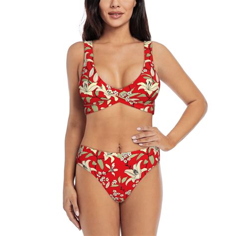 Rocae Lilies Flowers For Bikini Set For Women Two Piece Sexy High Swimsuits Split Crossover