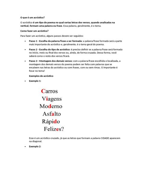 O Que É Acróstico Exemplo - O que é um acróstico? Definição e Exemplos | PDF
