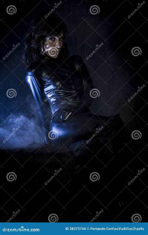 Attractive Brunette In Black Latex Costume Fashion Shot O Stock Photo Image Of Clothing