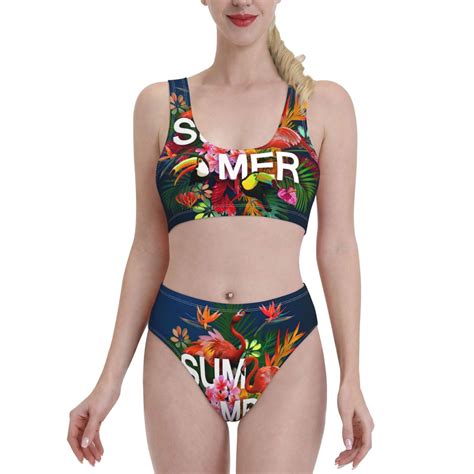 Ocsxa Summer Birds And Flowers Women S High Waisted Bikini Sets Sporty Two Piece Swimsuits Large
