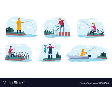 Set Banners With Fishing People Cartoon Flat Vector Image