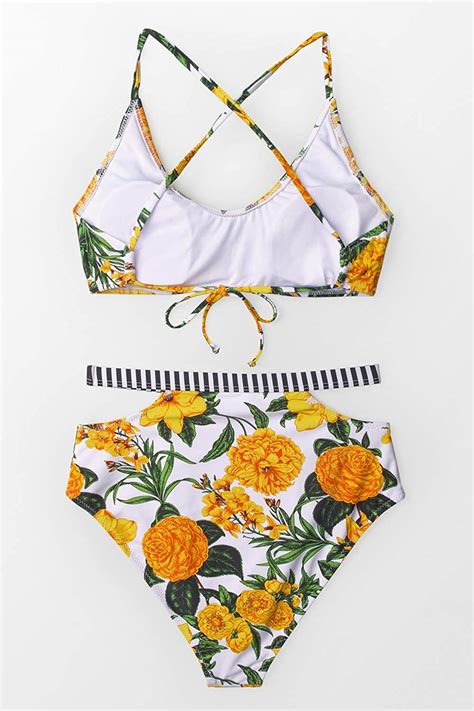Amazon Cupshe Women S Floral Paradise High Waisted Bikini Small Yellow Clothing Shoes