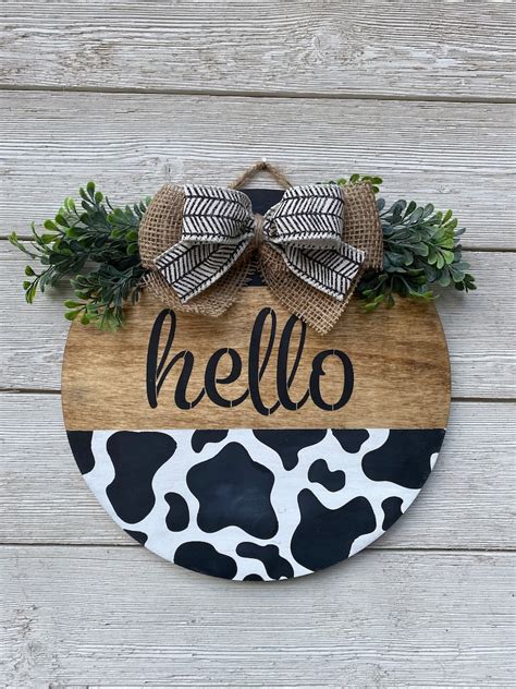 Hello Cow Print Wood Round Door Hanging Signhello Signcow Etsy Ireland