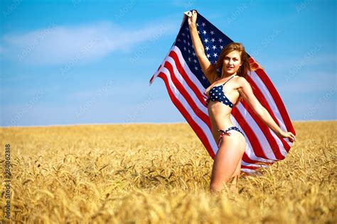 Sexy Woman In Sexy American Flag Bikini In A Wheat Field Stock Photo Adobe Stock