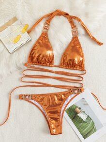 Metallic Buckled Detail Crisscross Halter Triangle Cheeky Bikini Swimsuit Shein Usa