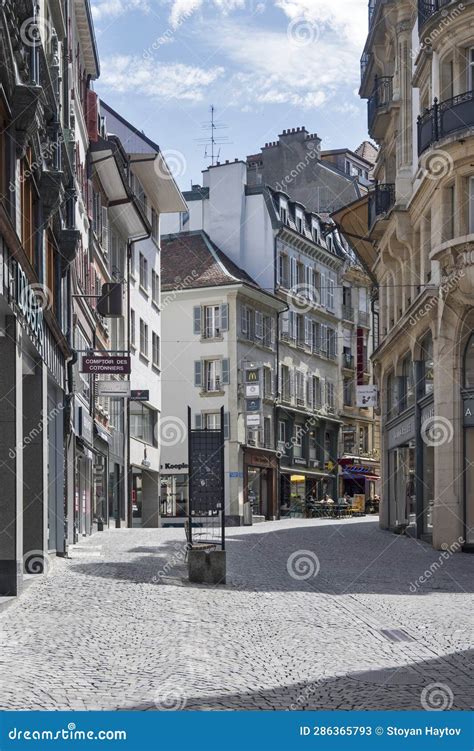 Typical Building And Street At City Of Lausanne Switzerland Stock