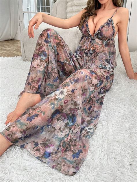 Floral Print Tie Front Mesh PJ Set Pajama Set SHEIN USA