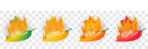 Spicy Level Hot Chili Pepper Icons Set With Flame Vector Image