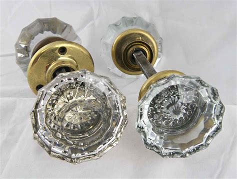 Antique Extra Large Fluted Glass Door Knob Set With Rosettes Olde