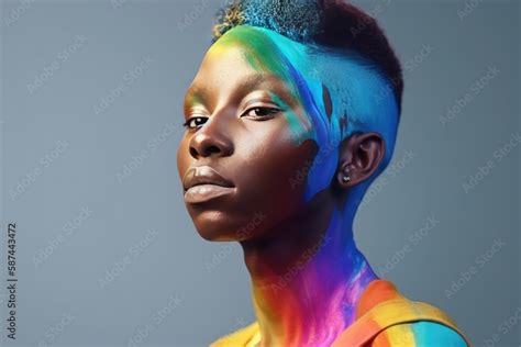 Fictional Ai Black Queer Person In Rainbow Colors At Gay Pride Non Binary Androgynous