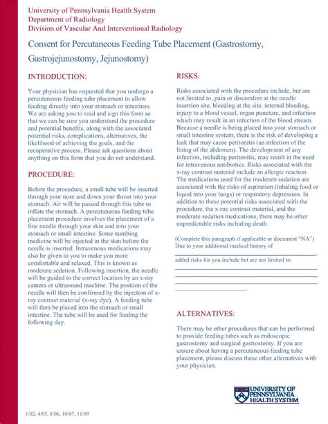 Consent For Percutaneous Feeding Tube Placement Gastrostomy