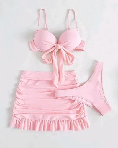 Conjunto De Bikini Sujetador Push Falda De Playa Piezas Rosa Claro M Env O Gratis