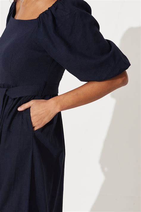 Darly Midi Dress In Navy Linen Blend St Frock