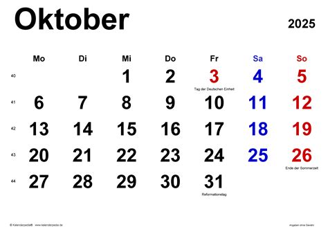 Kalender Oktober 2025 als Excel-Vorlagen