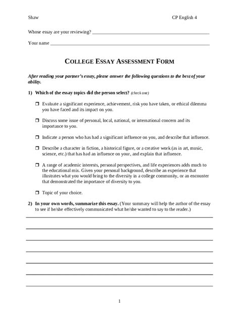 College Essay Assessment Doc Template Pdffiller