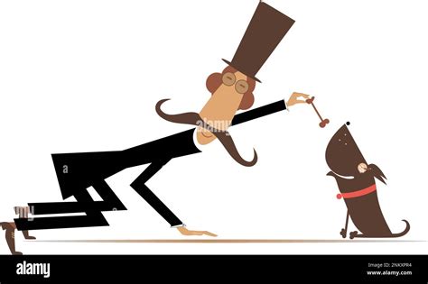 Fanny man in the top hat feeds a dog. Cartoon long mustache gentleman