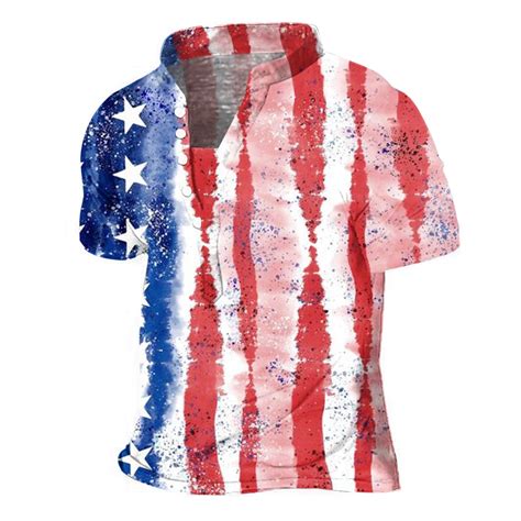 HangTaiLei Short Sleeve V Neck American Flag Henley Shirts For Men