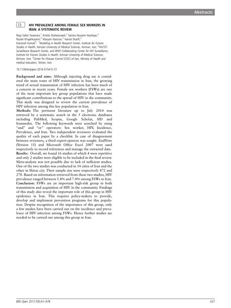 PDF 72 HIV PREVALENCE AMONG FEMALE SEX WORKERS IN IRAN A SYSTEMATIC REVIEW