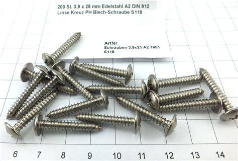 200 St 3 9 X 25 Mm Edelstahl A2 DIN 912 Linse Kreuz PH Blech Schraub