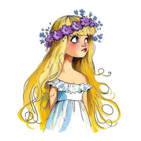 Peinture à L aquarelle D une Belle Fille Blonde Avec Une Couronne De Fleurs Vecteur Premium