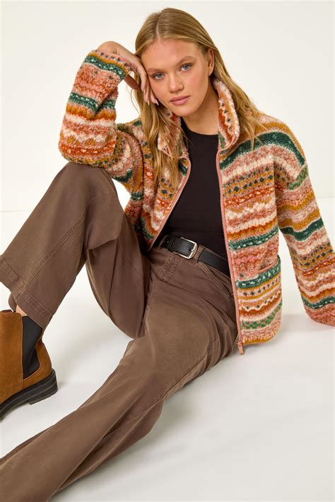 Rust Aztec Print Sherpa Fleece Jacket Roman Uk