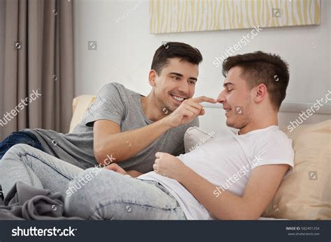 Happy Gay Couple Lying Bed Home Stock Photo 582491254 Shutterstock