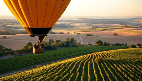 Hot Air Balloon Over Fields Scenic Countryside Adventure Stock Photo Generative AI Stock