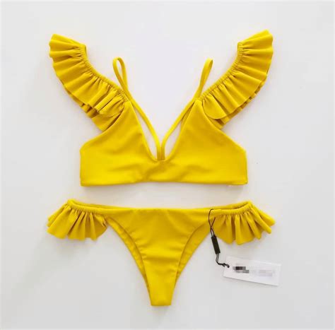 Pop Sexy Split Lotus Leaf Edge Pure Color Women S Bikini On Luulla