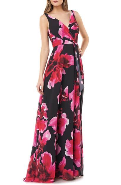 Carmen Marc Valvo Infusion Floral Faux Wrap Gown In Black Pink