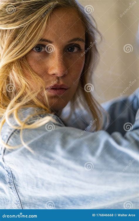 A Lovely Blonde Risque Model Poses In A Parking Deck On An Autumn Day Stock Photo Image Of