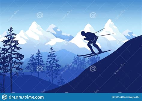 Alpine Mountain Ski Downhill. Skier on Slope of Snowy Rock. Jump Competition in Ice Alps ...