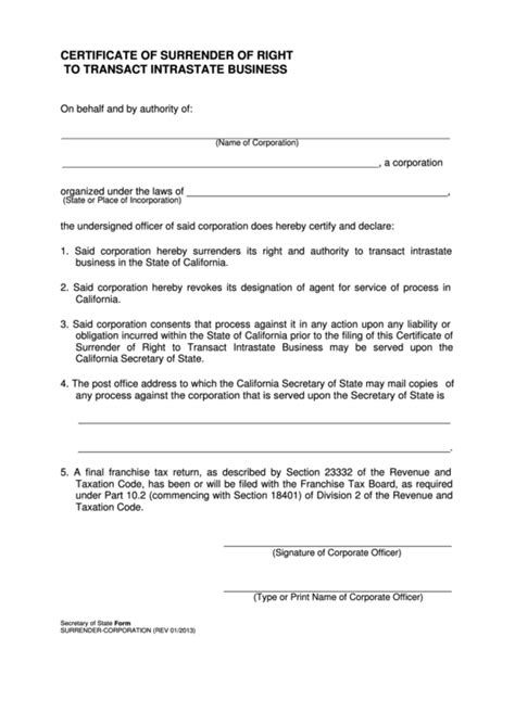 Fillable Certificate Of Surrender Of Right To Transact Intrastate