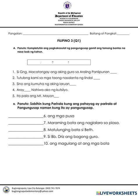 Tamang Bantas Parirala At Pangungusap Worksheet